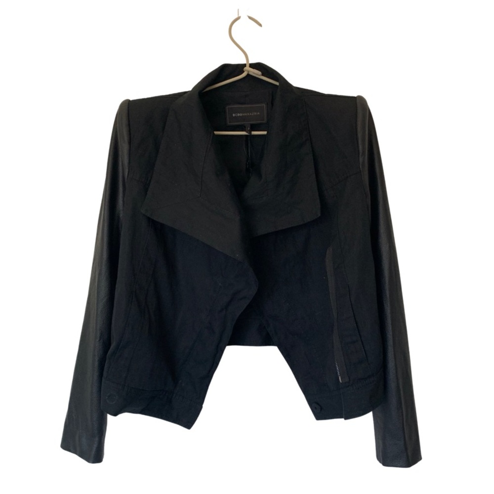 BCBG MAXAZRIA Black Canvas | Leather Sleeve Jacket Size S